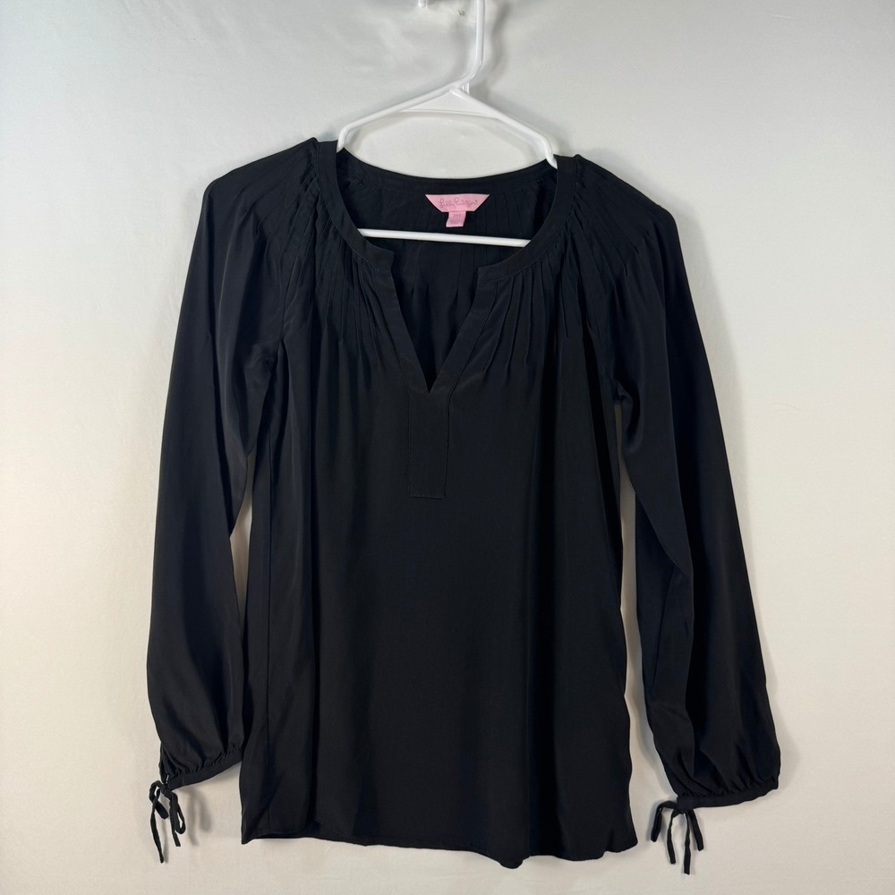 Lilly Pulitzer Black 100% Silk Pleated Split Neck Tie Cuff Blouse XXS